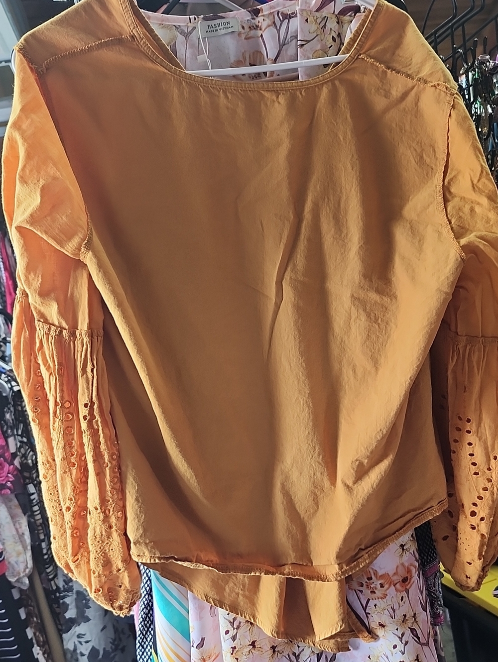 3/$12.00Women's Mustard V-Neck Blouse with Eyelet Balloon Sleeves
